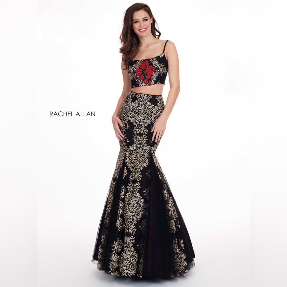 NWT Rachel Allan 6560 - Sz 8 - Black/ Gold Floral Two-Piece Gown